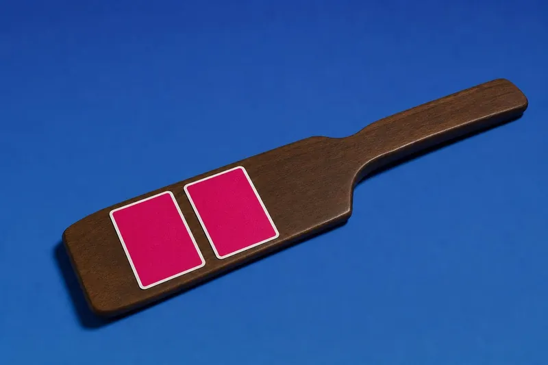 Wooden croupier paddle carrying two face-down playing cards (AI-generated image)