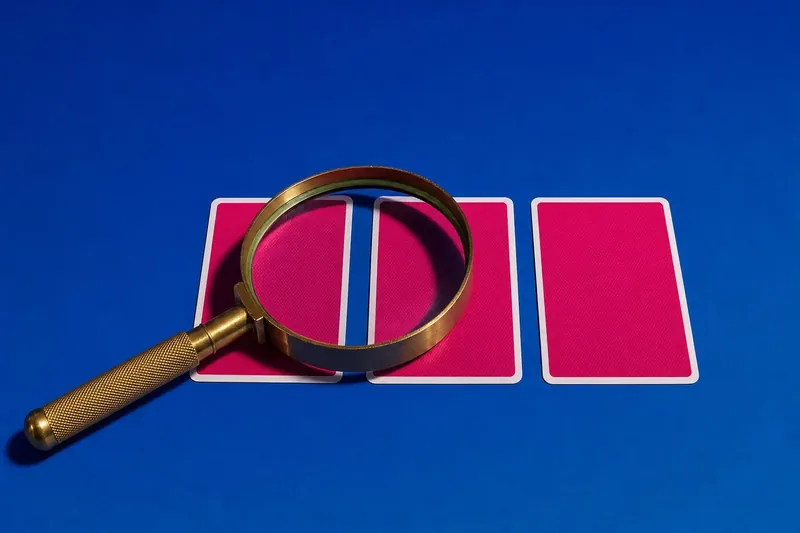 Brass magnifying glass over three face-down playing cards (AI-generated image)