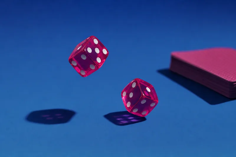 Two translucent magenta dice in mid-air above ultramarine paper (AI-generated image)