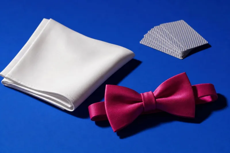 Magenta silk bow tie beside a folded white napkin and a deck of face-down cards (AI-generated image)