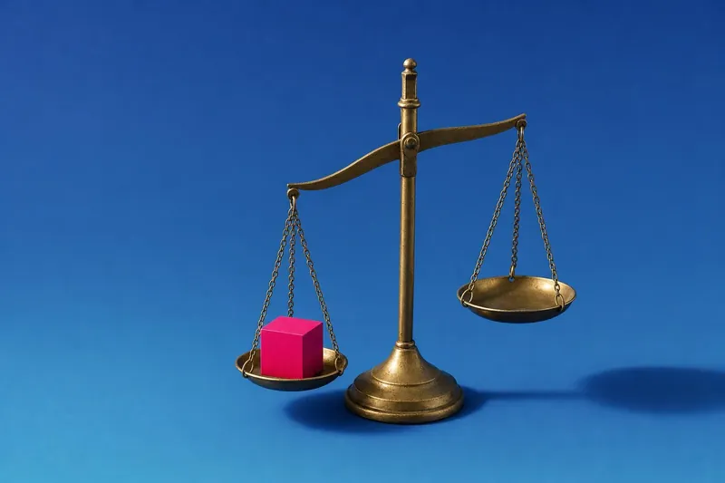 Brass balance scale with a magenta cube tipping one pan (AI-generated image)