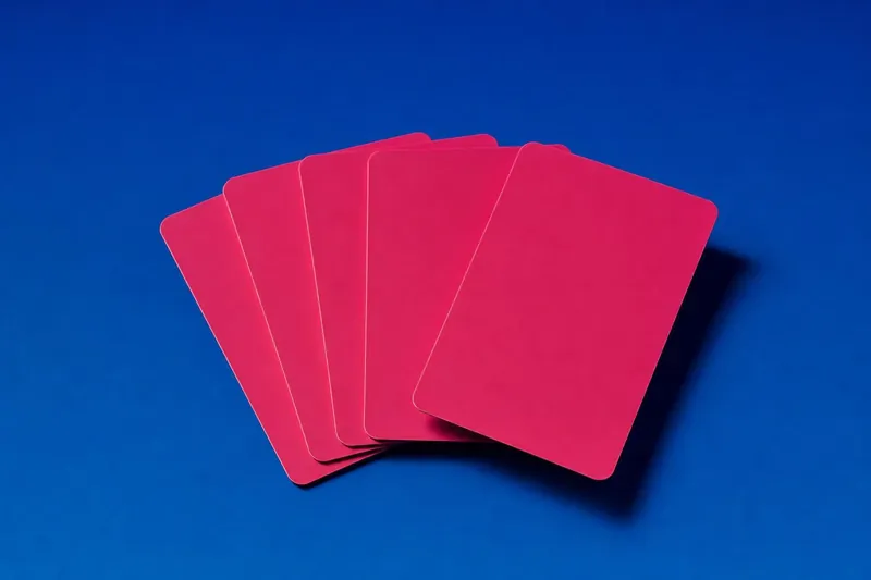 Five face-down playing cards with magenta backs fanned on ultramarine paper (AI-generated image)