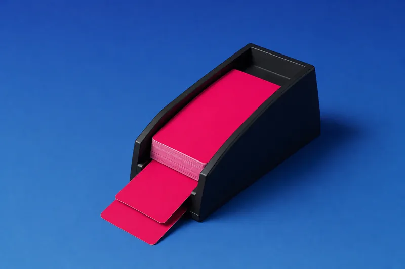 Black card dealing shoe with two face-down magenta cards on ultramarine paper (AI-generated image)